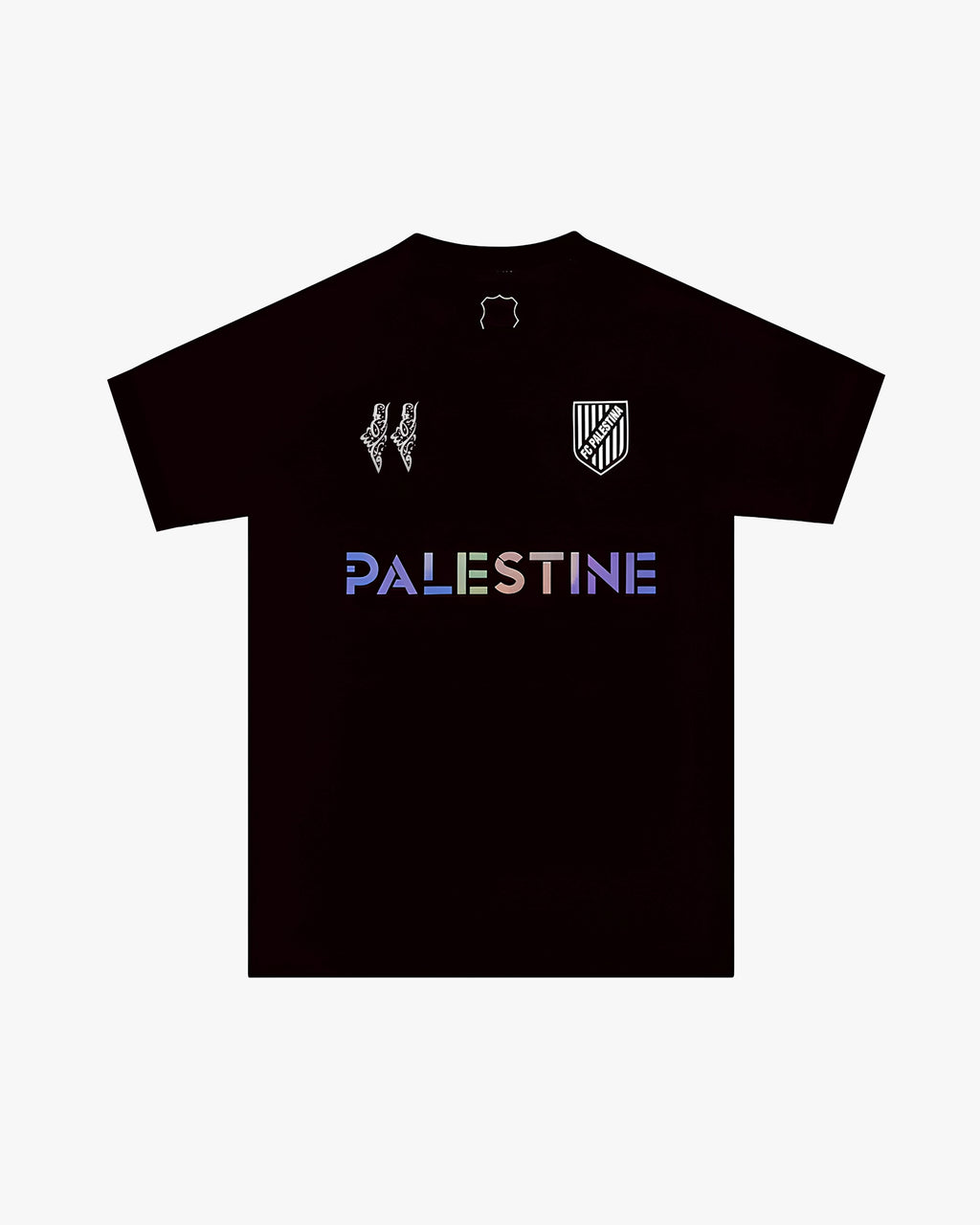Maillot Palestine noir édition 2025 avec design holographique irisé et logo, élégant et minimaliste.