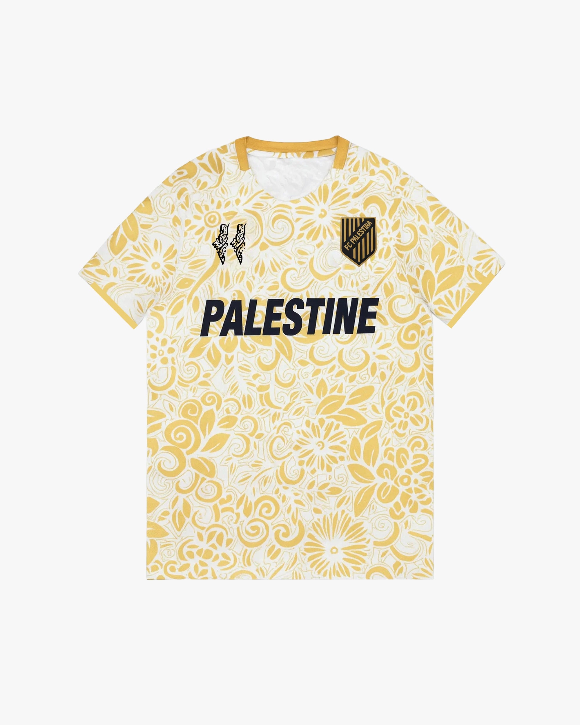 Maillot palestine blanc jaune motif floral texte Palestine noir écusson FC Palestina 2025