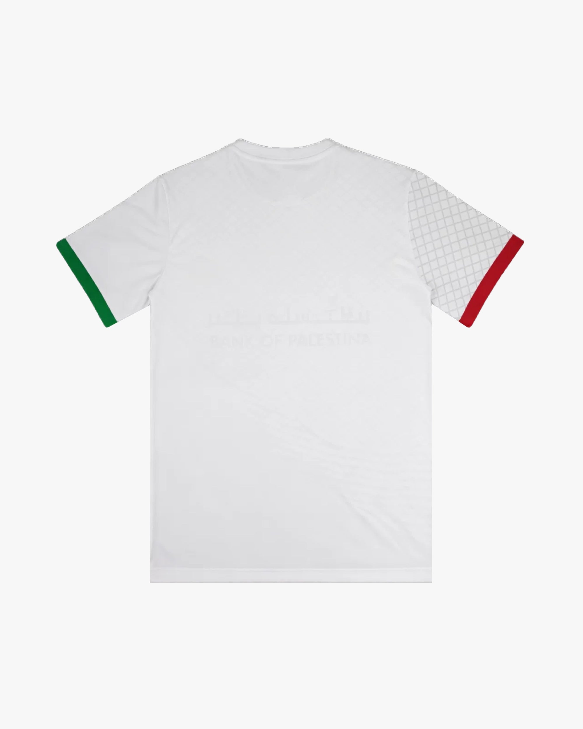 Vue arrière du maillot Palestine Keffieh avec manches vertes et rouges, design authentique pour collection.